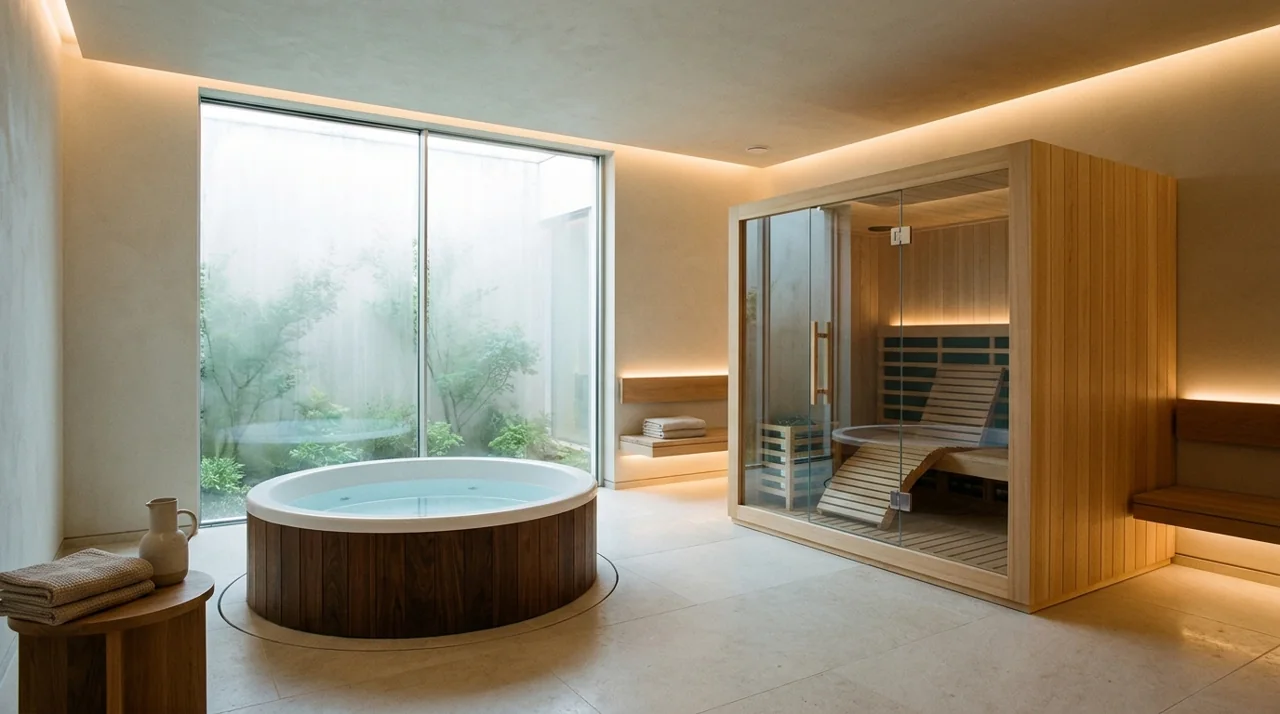 Calm recovery studio with a cold plunge and an infrared sauna